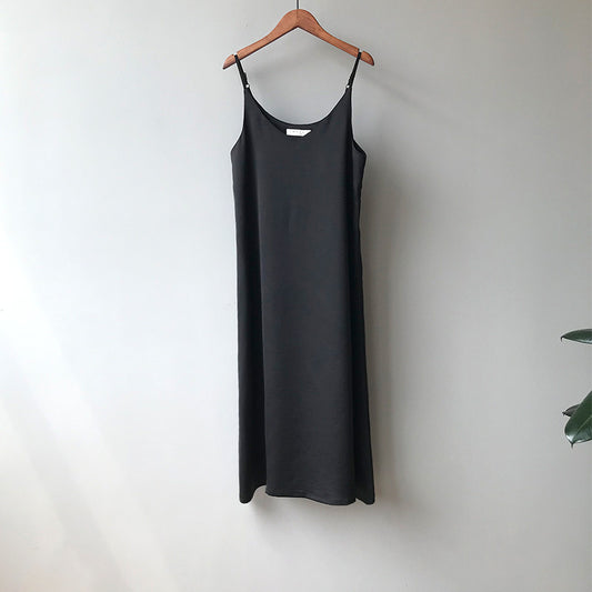 Silk Chiffon Vintage Long Dress with Spaghetti Straps - Black M - dress