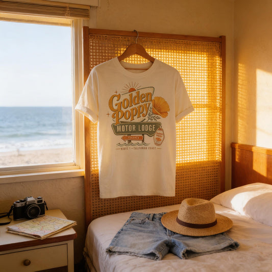 California Poppy Shirt - Retro Travel Tee | Soft Cotton Botanical Print - -