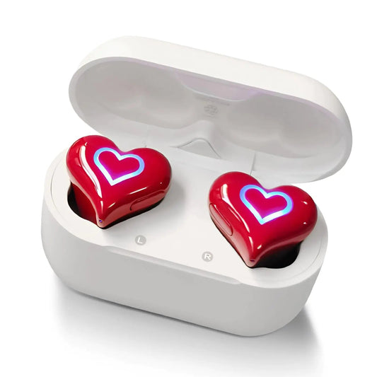 Heart Shaped Earbuds Cute Stylish HiFi Stereo Bluetooth Headphones with Charging Case and Color Gradient Light Noise Canceling Cordless Earphone Gifts for Girls (Red) Kia Day Design
