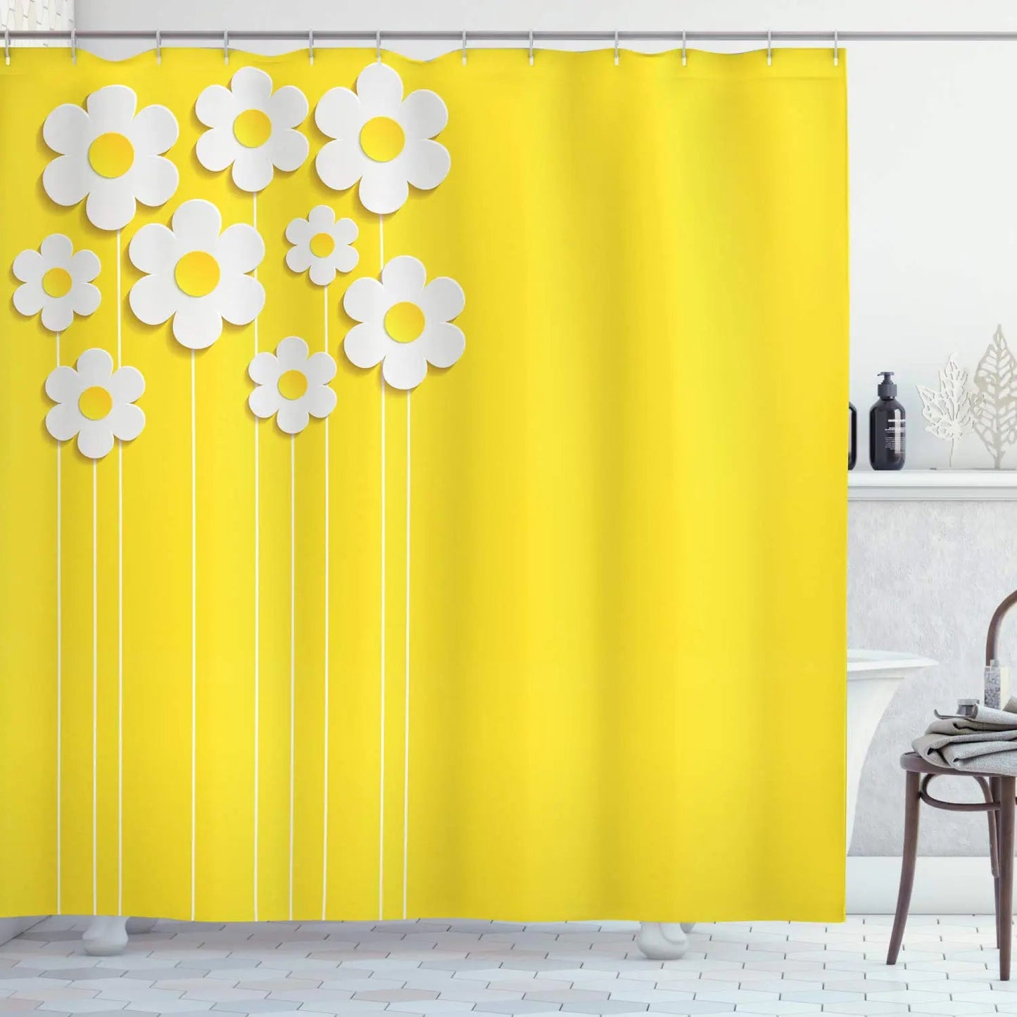 Yellow Daisy Blossom Meadow Cloth Fabric Shower Curtain with Hooks - Kia Day Design