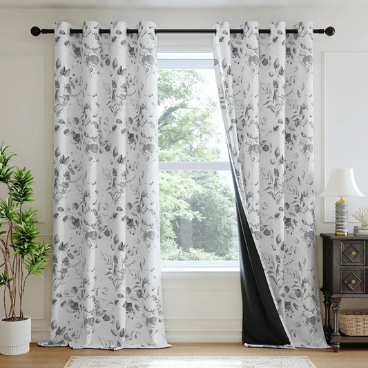 Grey Floral Blackout Curtains 96 Inches Long Thermal Insulated 2 Panels - Kia Day Design