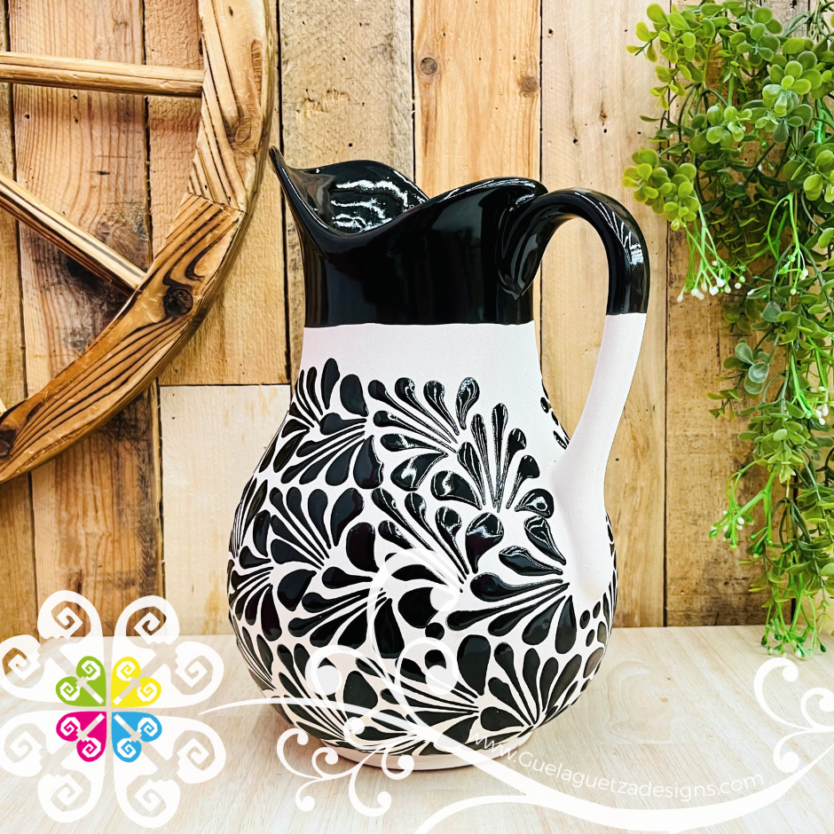 Engobe with Black Espiga Pato Pitcher Set - 4 Cups - - Authentic Mexican Clay