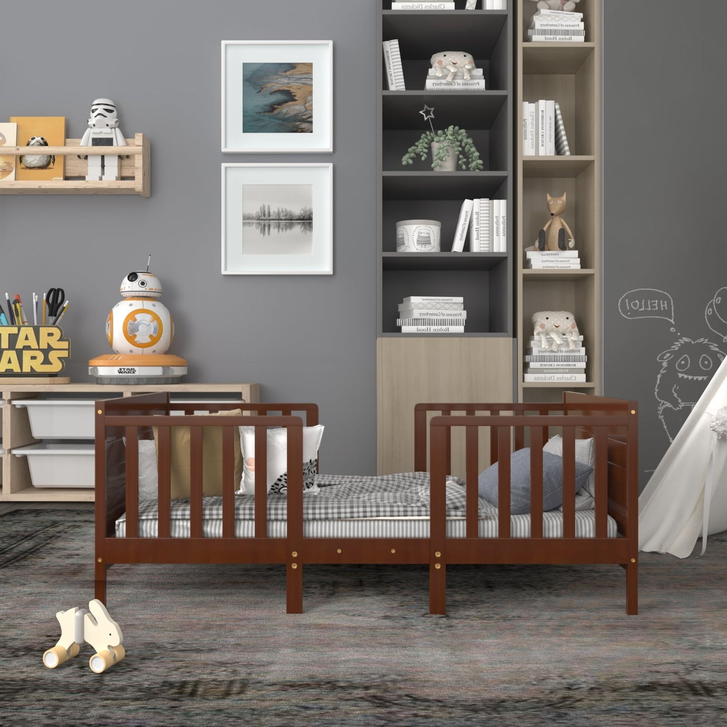 2-in-1 Convertible Kids Wooden Bedroom Furniture with Guardrails- DirectDeals- {{Product type}}