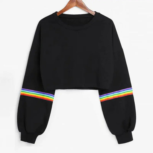 Rainbow Striped Crop Hoodie for Women - Oneck S - hoodie