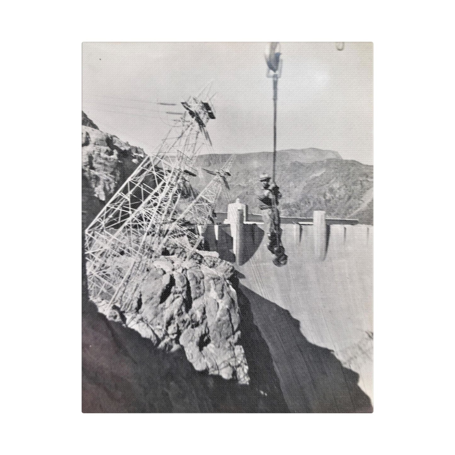 Suspended Boulder Dam Worker Satin Canvas Stretched