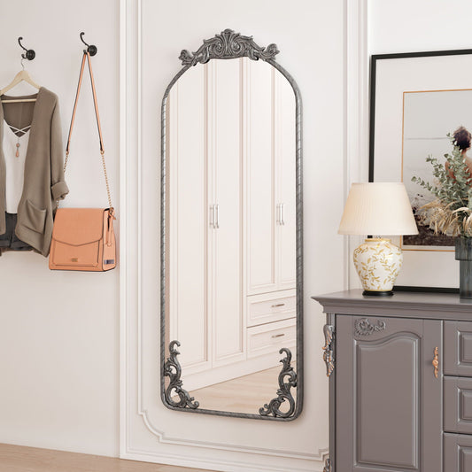 Full Body Arched Mirror With Vintage Carved Applique - - Wall Mirrors