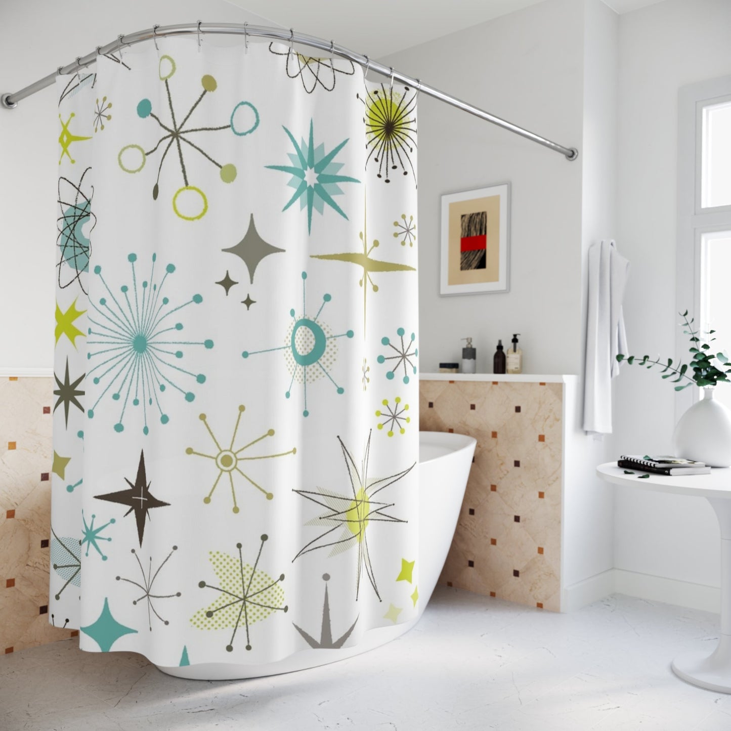 Mid-Century Modern Shower Curtain - Retro Starburst Design - Kia Day Design