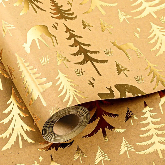 Gold Foil Reindeer & Christmas Tree Wrapping Paper - - wrapping paper