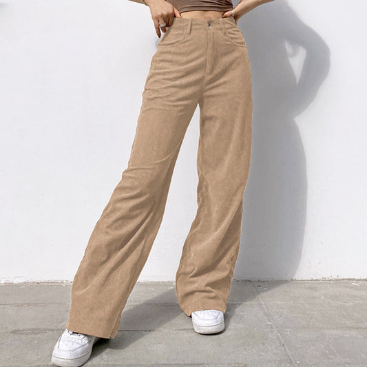 Women Casual Pants Retro Vintage Corduroy Spring High Waist Loose Slim Solid Casual All-match Straight-Leg Pants - -