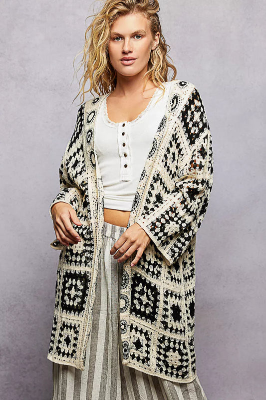 POL Open Front Crochet Cardigan with Granny Square Pattern - -