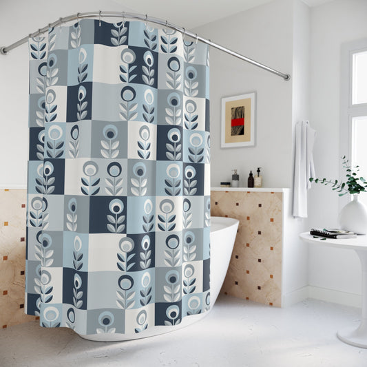 Light Blue Floral Shower Curtain - - Home Decor