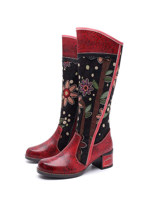 Bohemian Leather Block Heel Long Boots - - Boots
