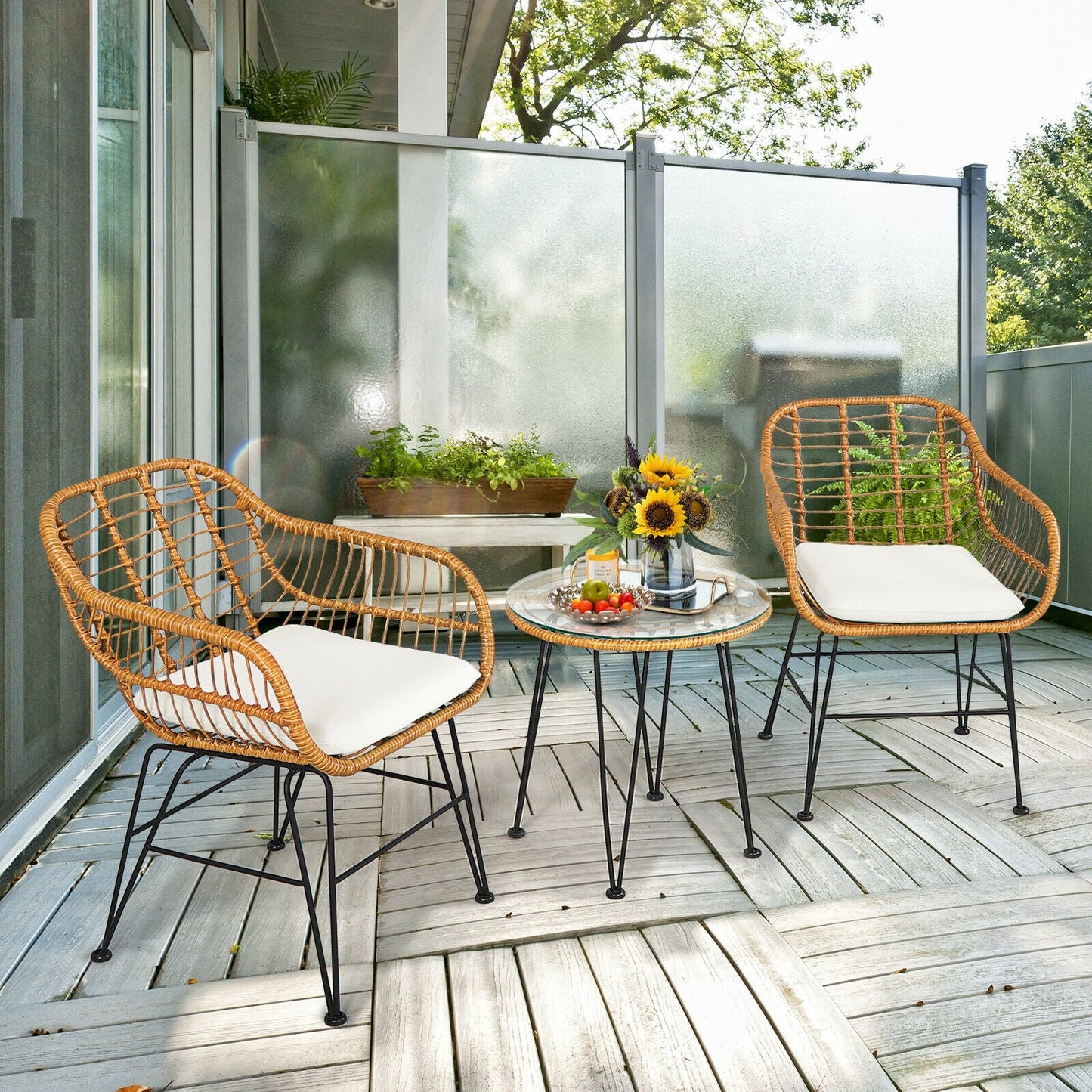 3 Pieces Rattan Furniture Set with Cushioned Chair Table- DirectDeals- {{Product type}}