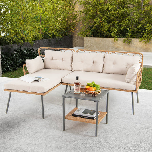 3 Pieces Corner Patio Furniture with Small Coffee Table-Beige - - patio set