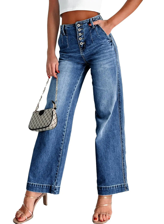 Dark Blue Size 8 High Waisted Jeans Button Fly Stretchy Straight Wide Leg Denim Pants - - jeans