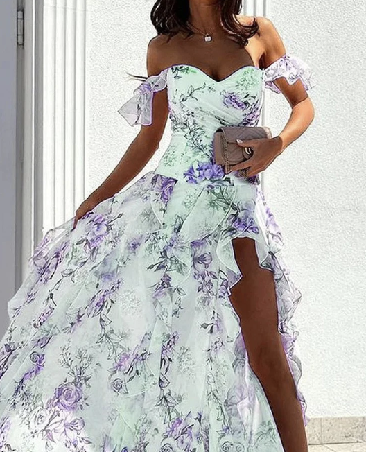 Summer Off-Shoulder Sleeveless Split Waist Skirt - Green L - dress