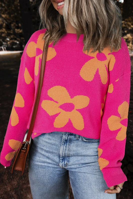 Flower Round Neck Long Sleeve Sweater - -
