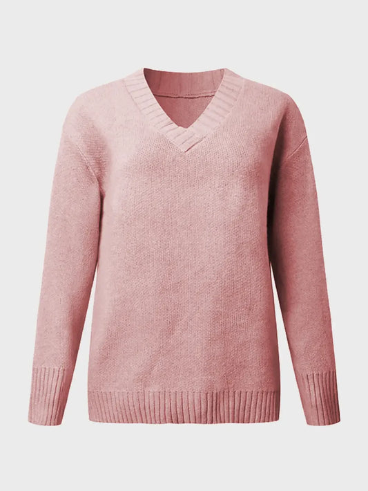 V-Neck Long Sleeve Knit Top - -