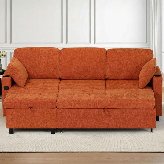84 Inches Bright Orange Chenille Pullout Sofa Bed USB Port - - Sleeper