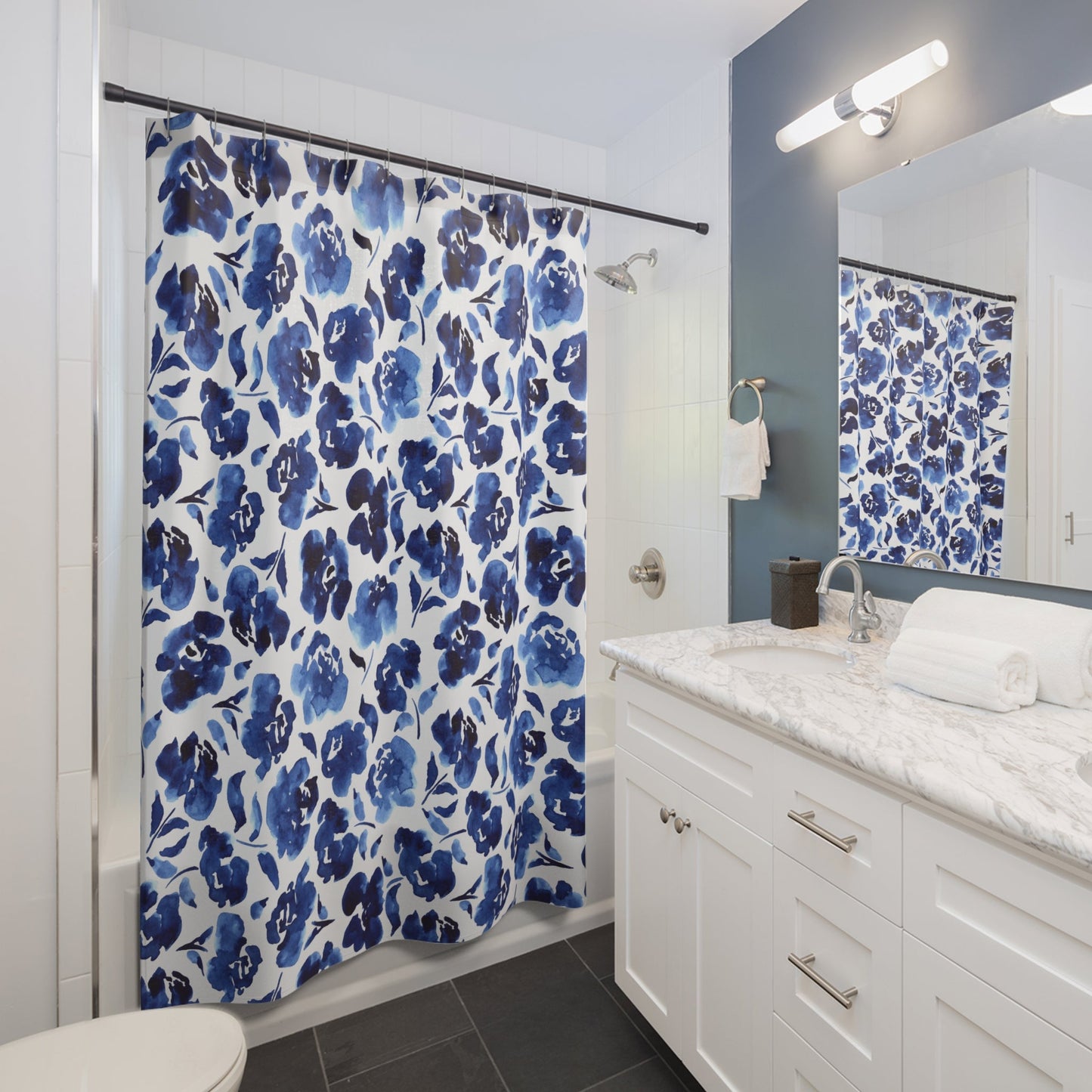 Blue Floral Shower Curtain - - Home Decor
