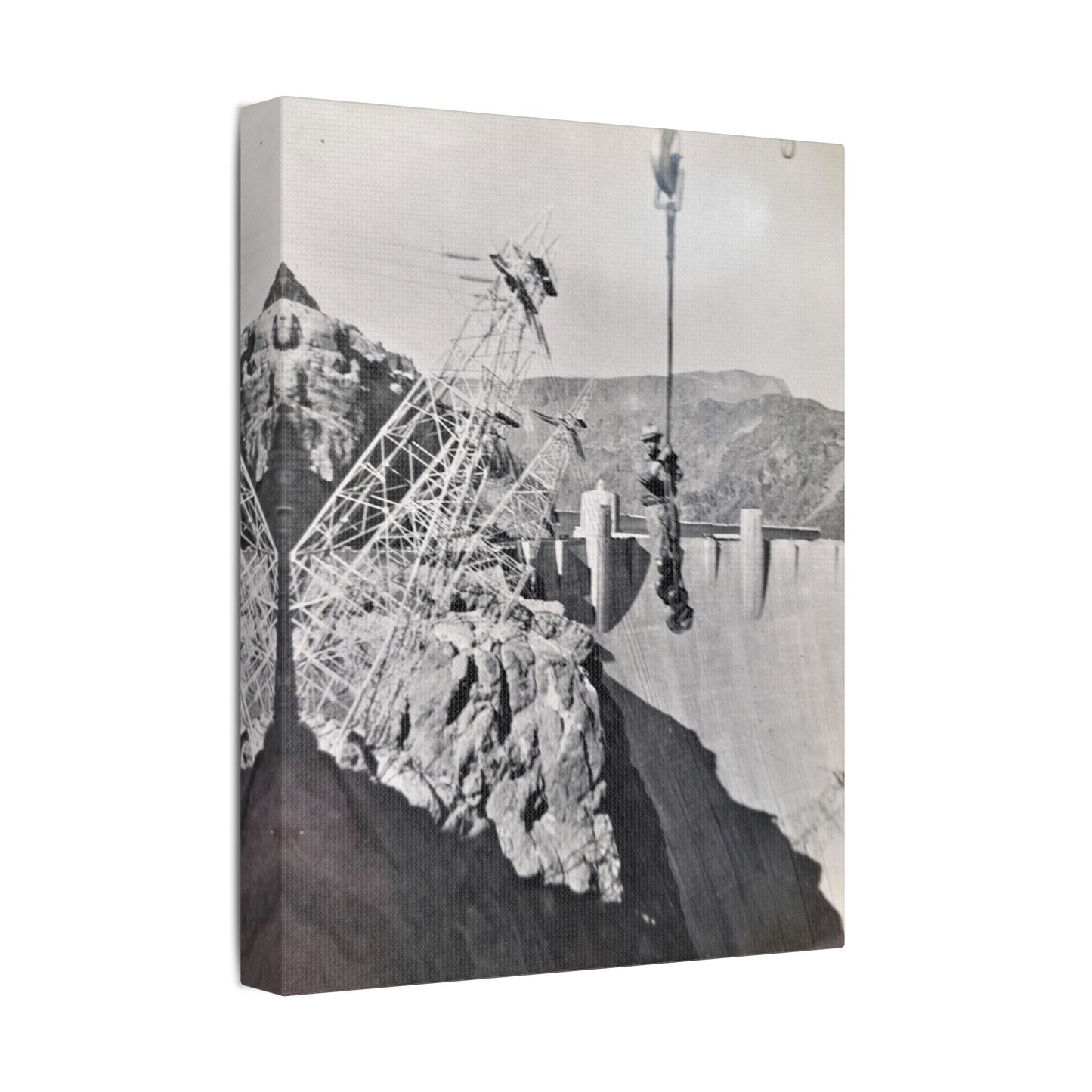 Suspended Boulder Dam Worker Satin Canvas Stretched