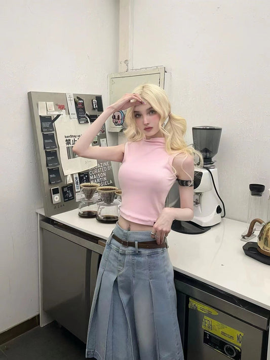 Retro Light Blue Pleated Denim Skirt - Dark Blue M - skirt