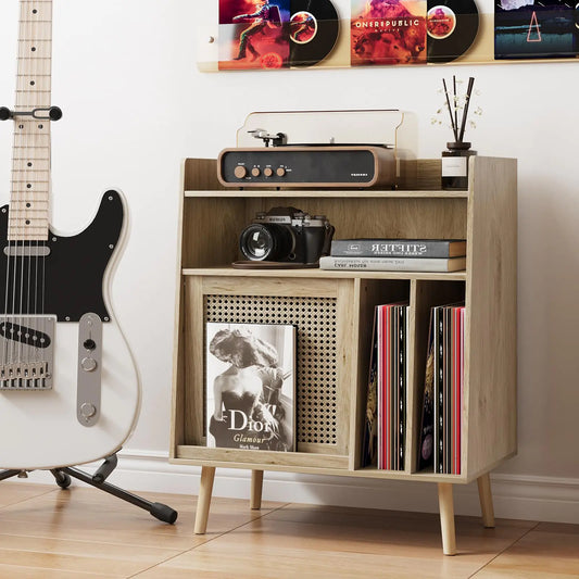 Large Rattan Record Player Stand with Open Shelf Storage - Kia Day Design