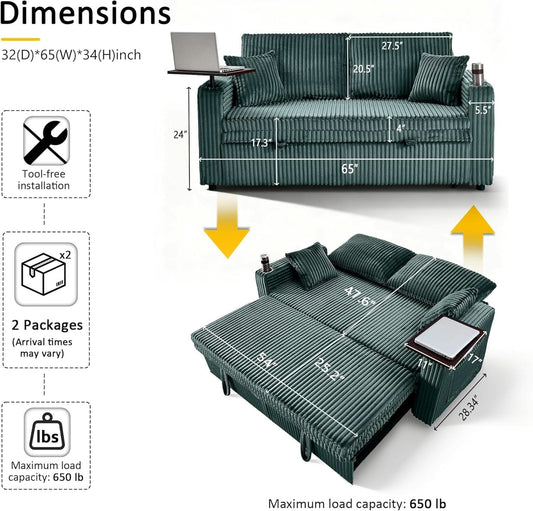 Emerald Green 65 Inch Sleeper Sofa Bed Corduroy Fabric - - Sleeper