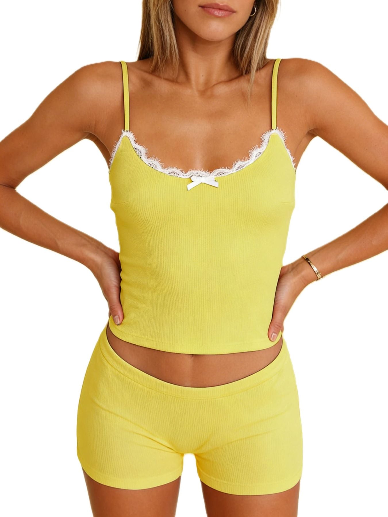 Contrast Trim Cami and Shorts Set - Chartreuse - pajamas