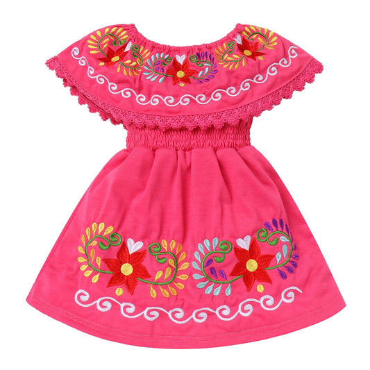 Watermelon Red Off-Shoulder Cinco de Mayo Fiesta Dress for Girls - - dress