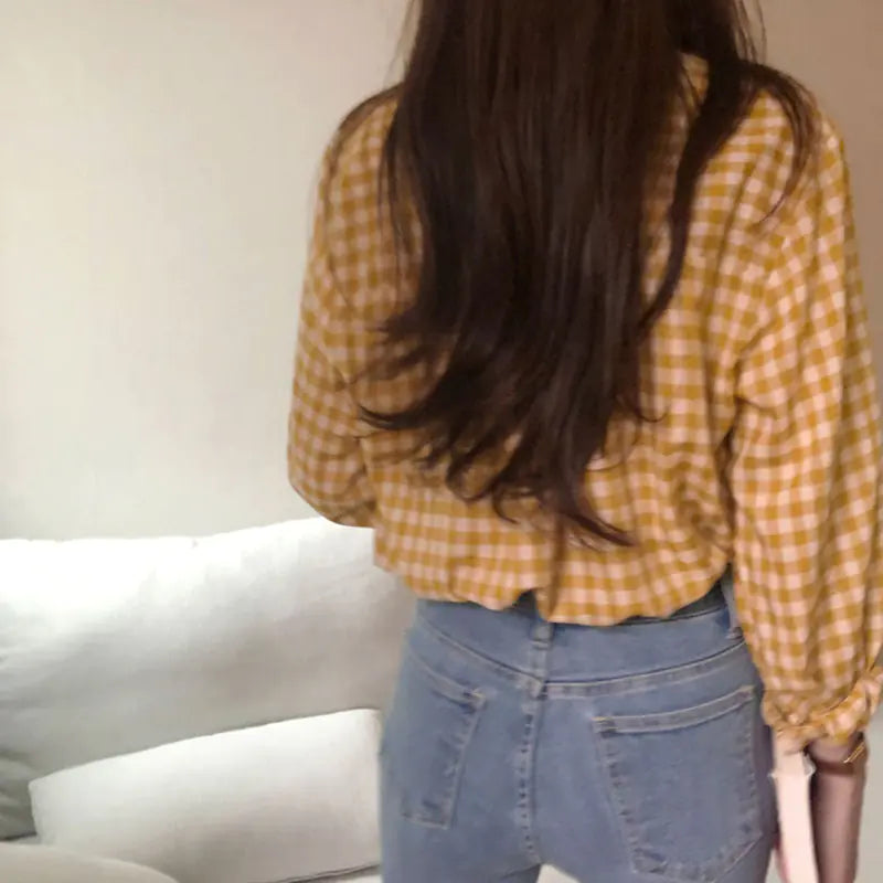 Loose Checkered Button-Up Long Sleeve Shirt - Kia Day Design