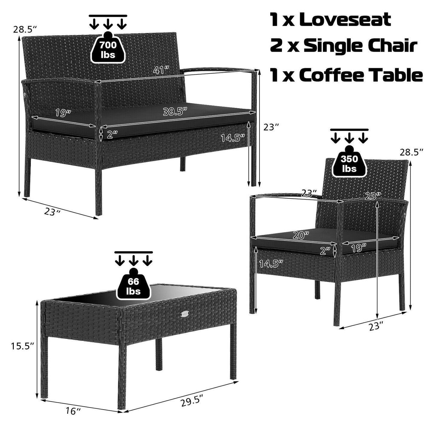 4 Pieces Patio Rattan Furniture Set with Cushion - - pato
