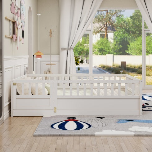 Full Size Montessori Wooden Childrens Floor Bed - White - bed frame