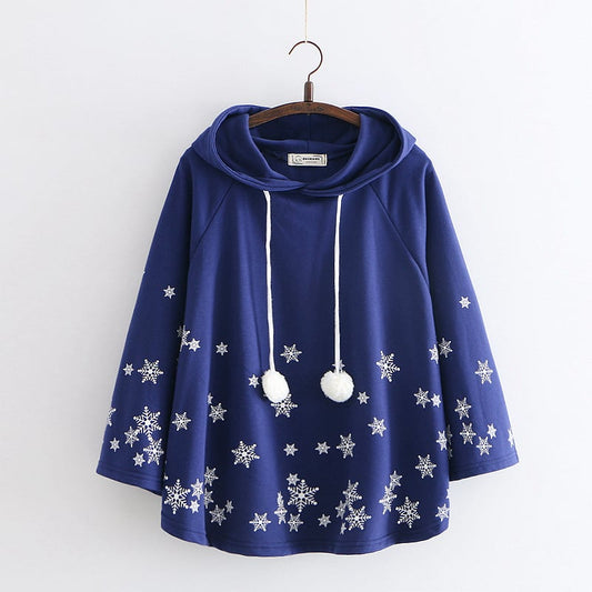 Japanese College Style Cartoon Snowflake Hoodie - Navy Blue Free Size - hoodie