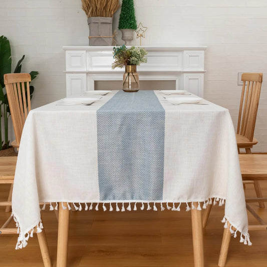 Waterproof Blue and White Cotton Wrinkle Free Tablecloth Square with Tassels - Kia Day Design
