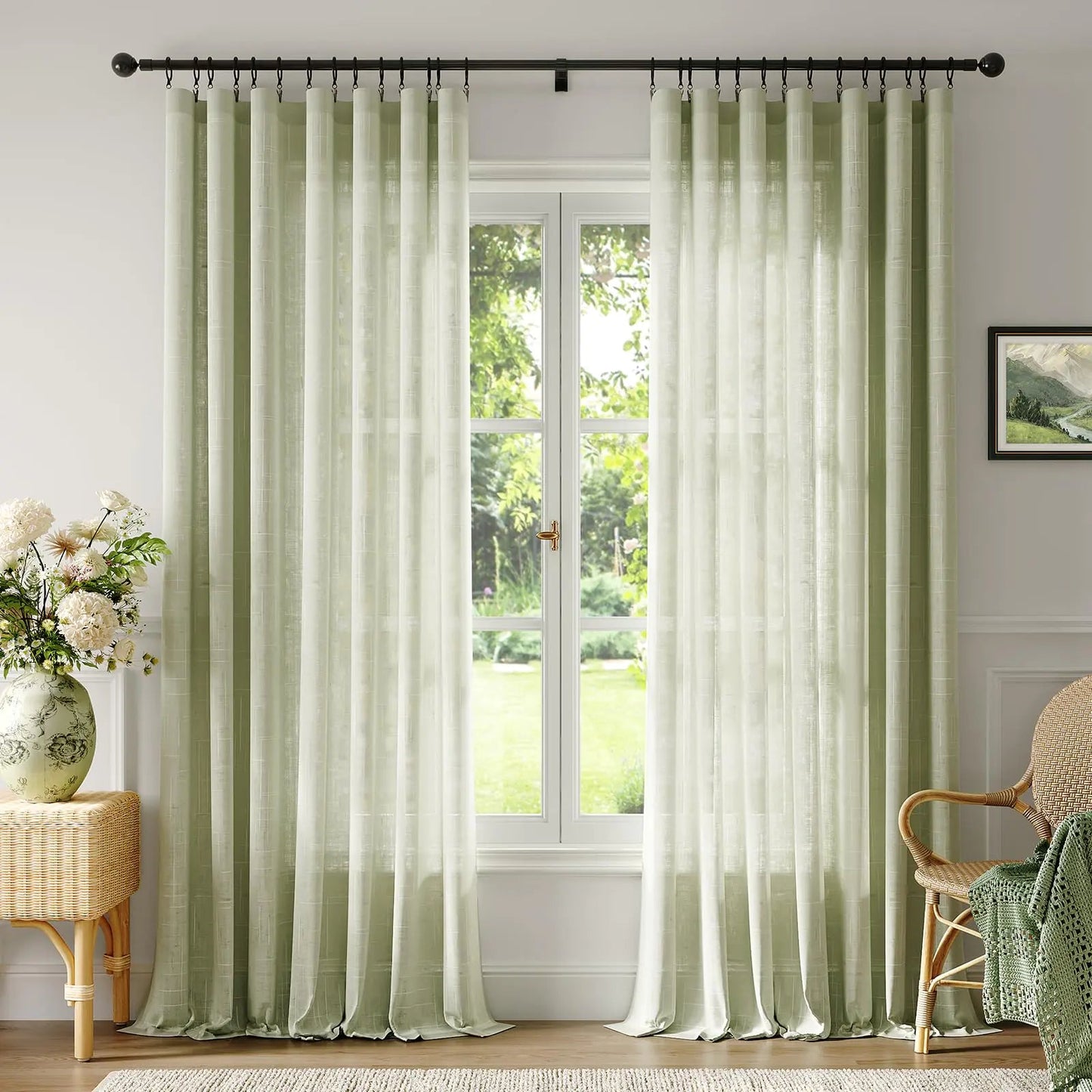 Sage Natural Linen 84 Inch Length 2 Panel Set Light Filtering Semi Sheer Window Curtains with Curtain Rings and Clips - Kia Day Design