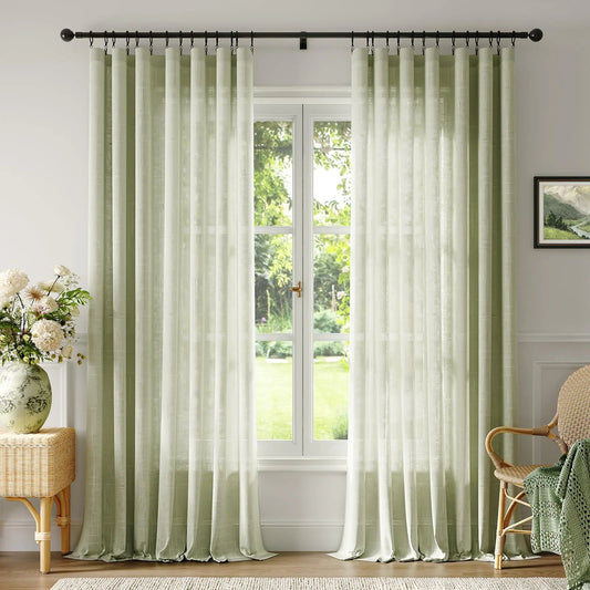 Sage Natural Linen 84 Inch Length 2 Panel Set Light Filtering Semi Sheer Window Curtains with Curtain Rings and Clips - Kia Day Design