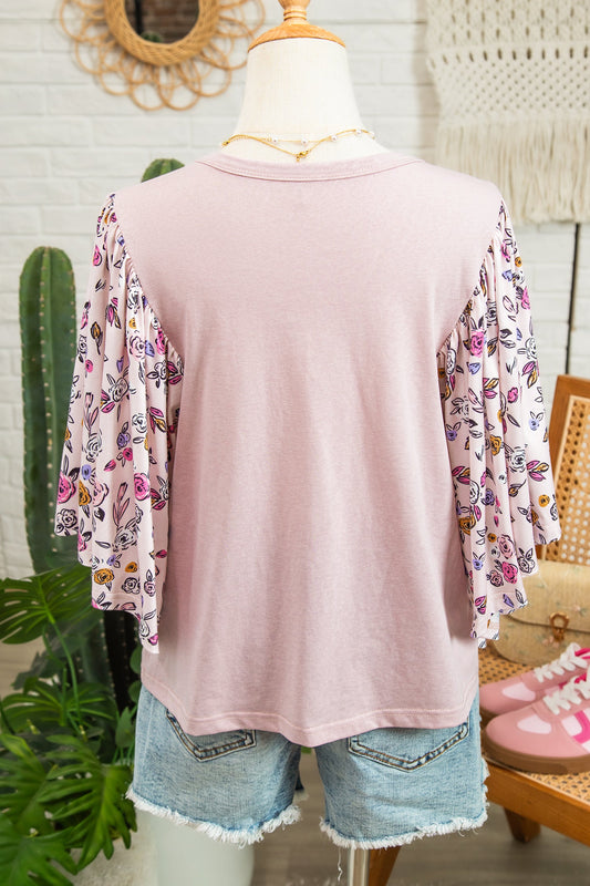 Pink Contrast Floral Patched Flowy Half Sleeve Blouse - - Tops/Blouses & Shirts