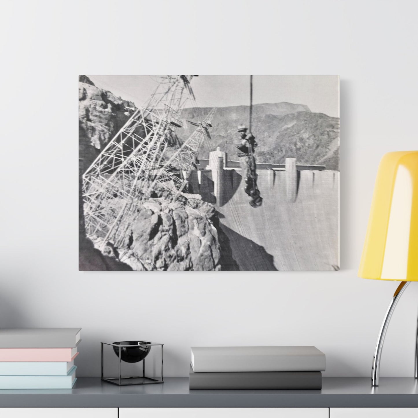 Suspended Boulder Dam Worker Satin Canvas Stretched 24″ x 18″ (Horizontal) 1.5"