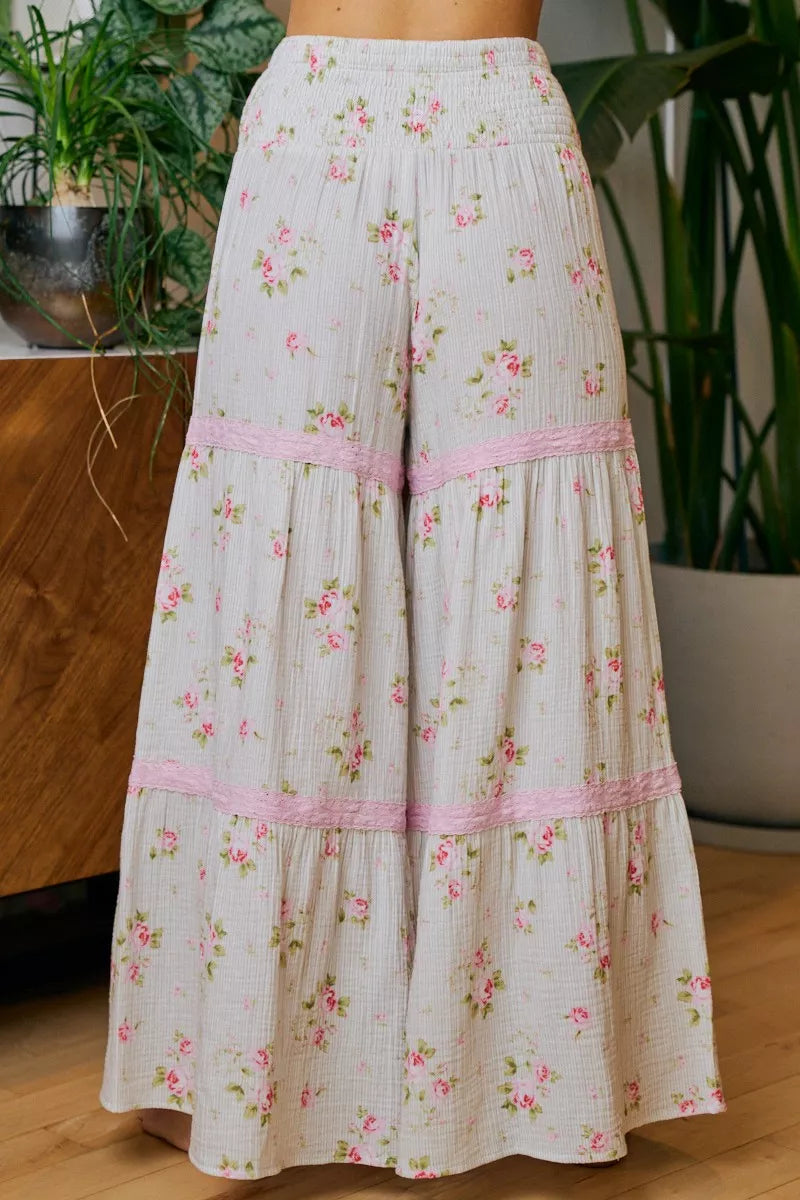 BiBi Rose Printed Gauze Trim Detail Smocked Maxi Pants - -