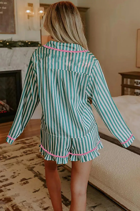 Stripe Contrast Ricrac Trim Long Sleeve Shirt Drawstring Ruffled Pajama Short Set - - pajamas