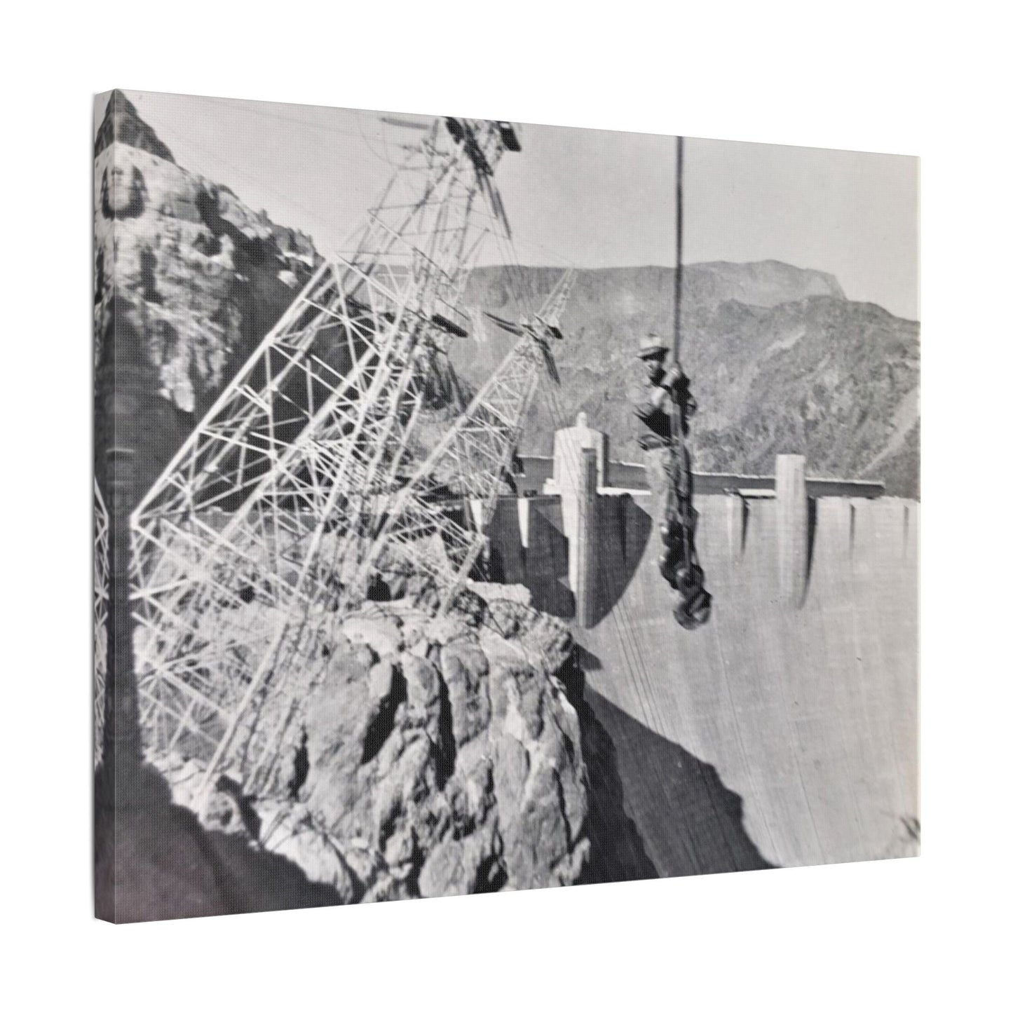 Suspended Boulder Dam Worker Satin Canvas Stretched