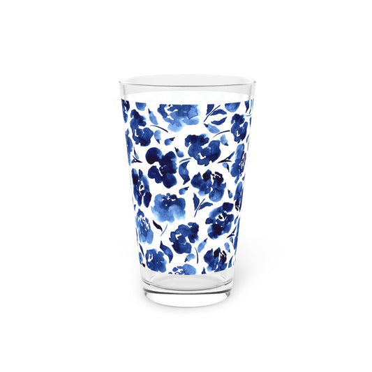 Blue Flower 16oz Pint Glass - - drinkware