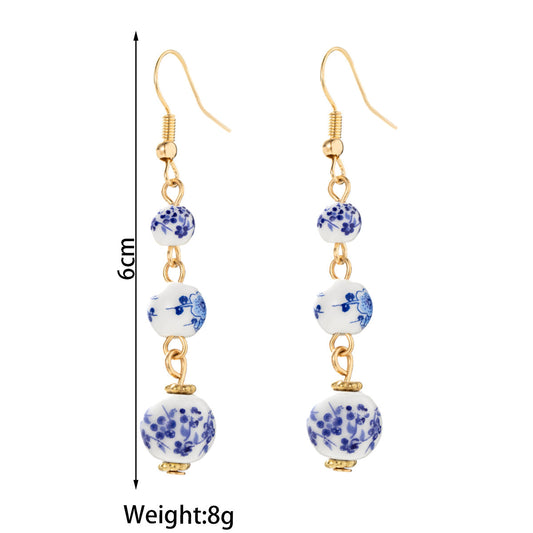 Blue and White Porcelain Bead Long Dangle Earrings - - Earrings