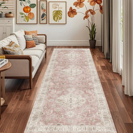 Distressed Pink Geometric Washable Runner Non Slip - Kia Day Design