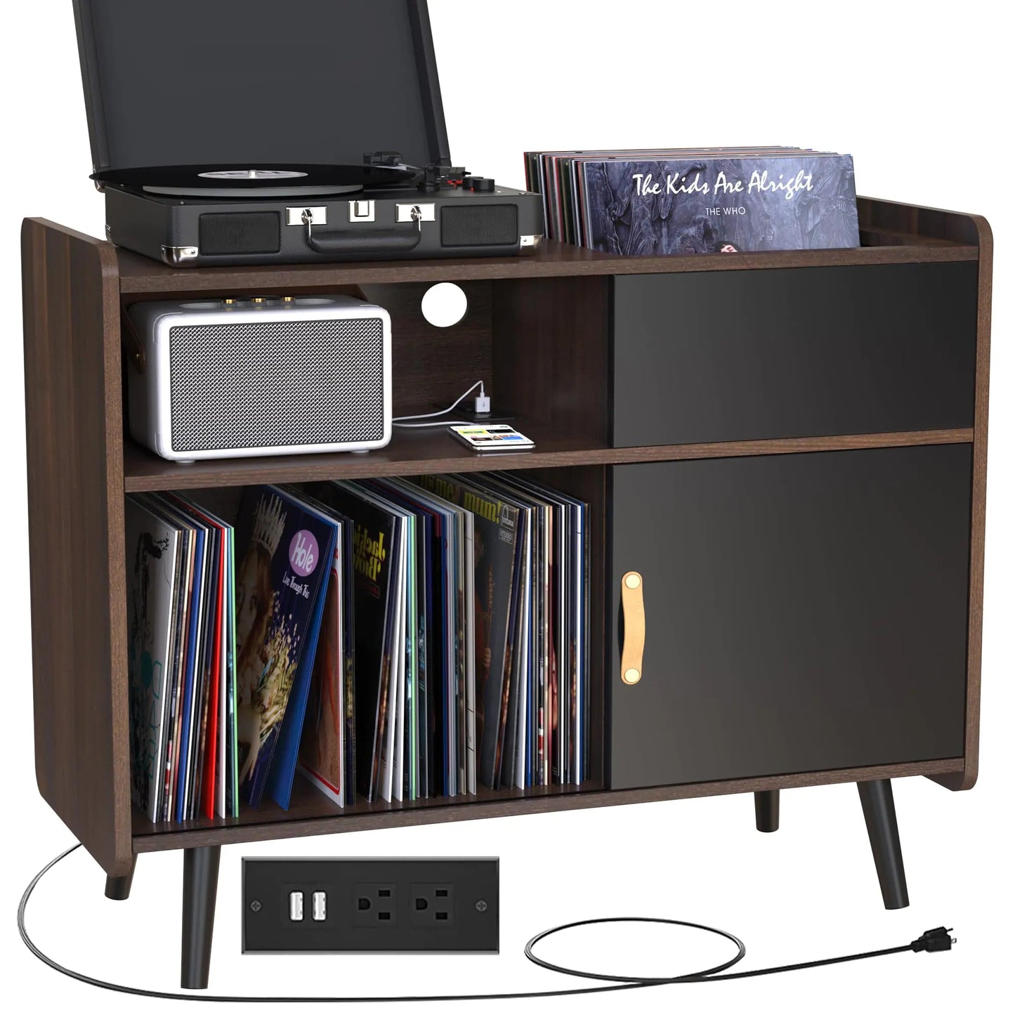 Large 350 Record Player Cabinet with Power Outlet - - cabinet