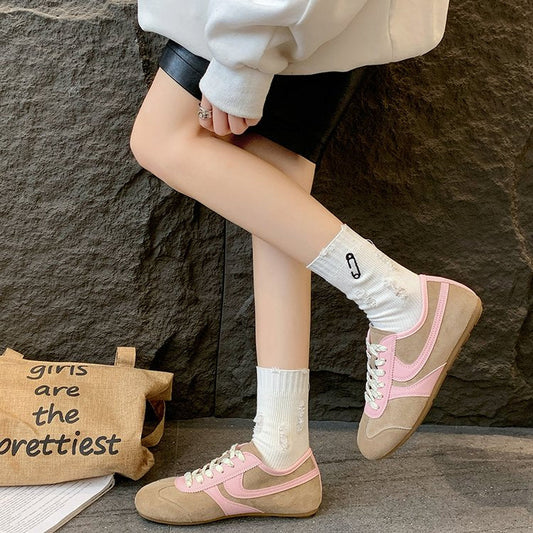 Women's Contrast Panel Suede Retro Sneakers - Pink - Footwear