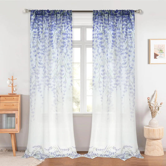 Blue Floral Sheer Curtains 2 Panels Set Rod Pocket - Kia Day Design