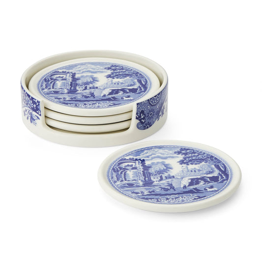 Blue Italian Porcelain Coasters by Spode Set of 4 with Holder Tabletop Elegance - - coasters