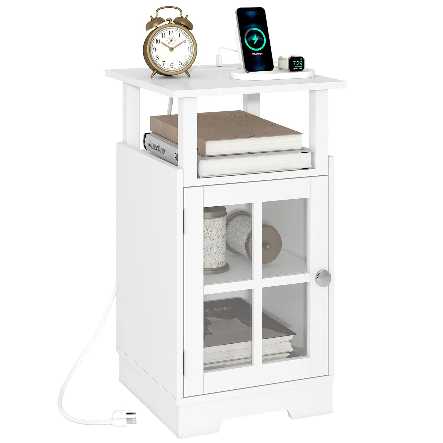 White End Table with Charging Station USB Ports Outlets and Storage - - table